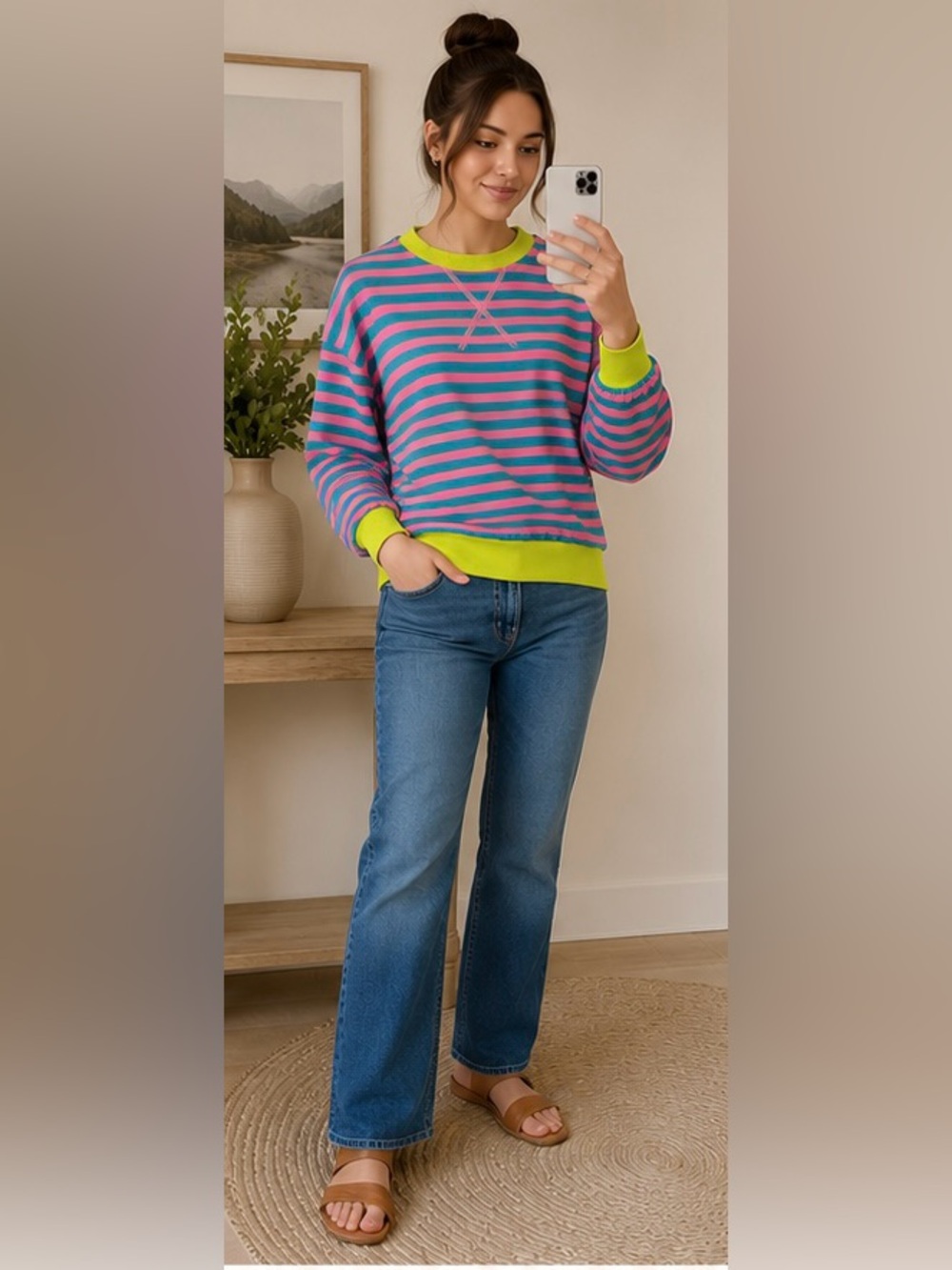 Retro Pink Teal & Neon Striped Oversized Sweatshirt